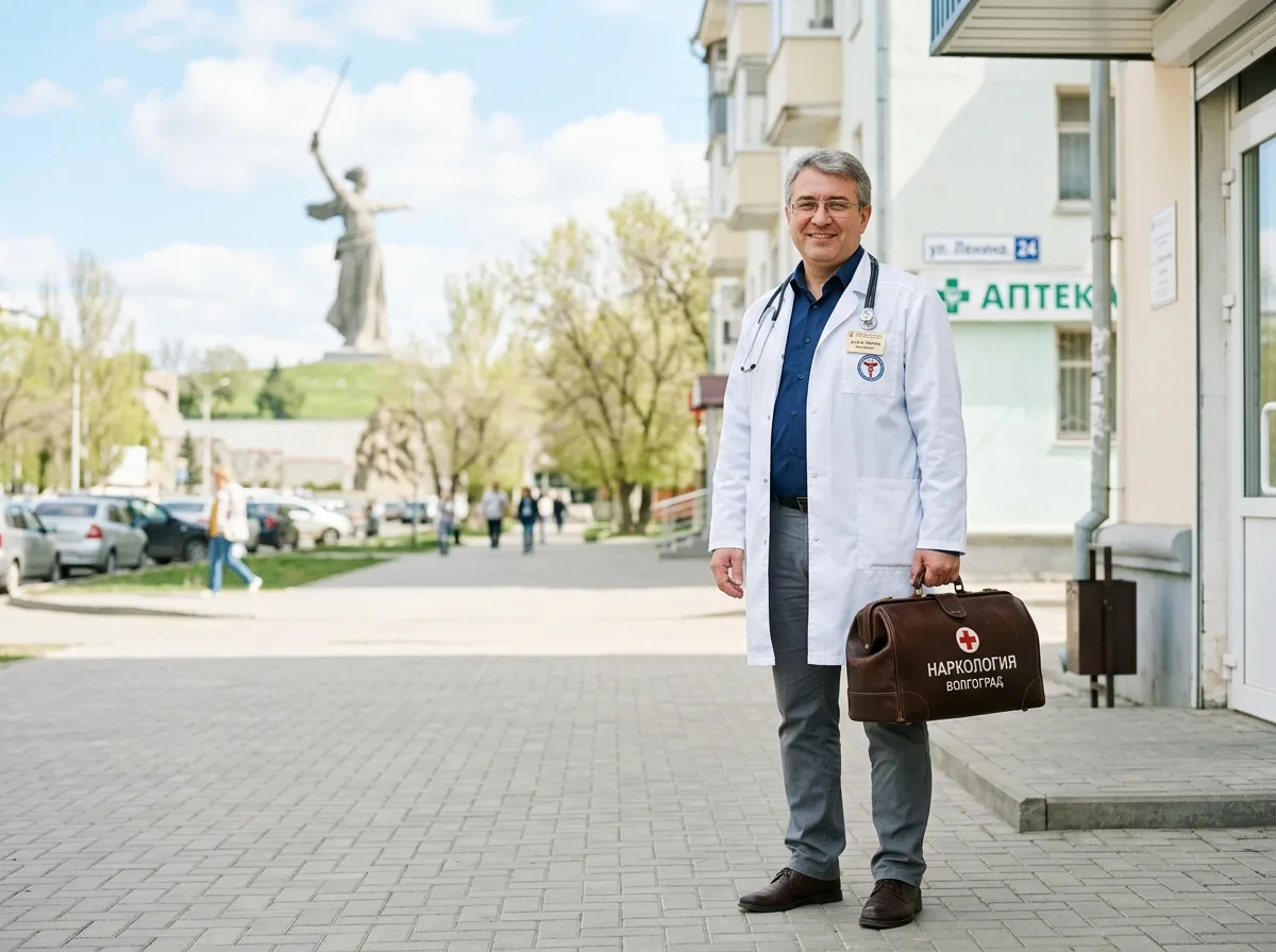 Врач-нарколог в белом халате с медицинским чемоданчиком готов к выезду на дом в Волгограде, доброжелательный профессиональный вид, светлый фон