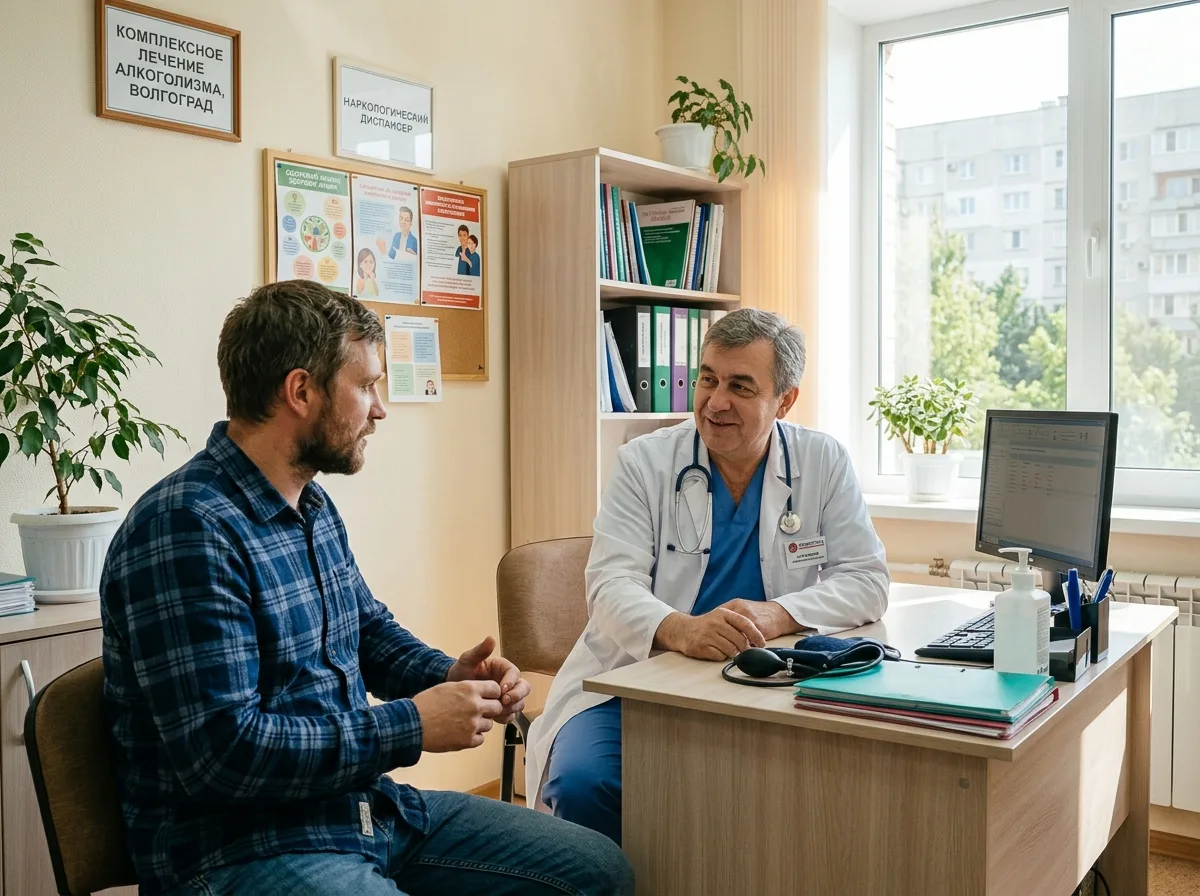 Врач и пациент разговаривают в светлом медицинском кабинете наркологической клиники — комплексное лечение алкоголизма в Волгограде