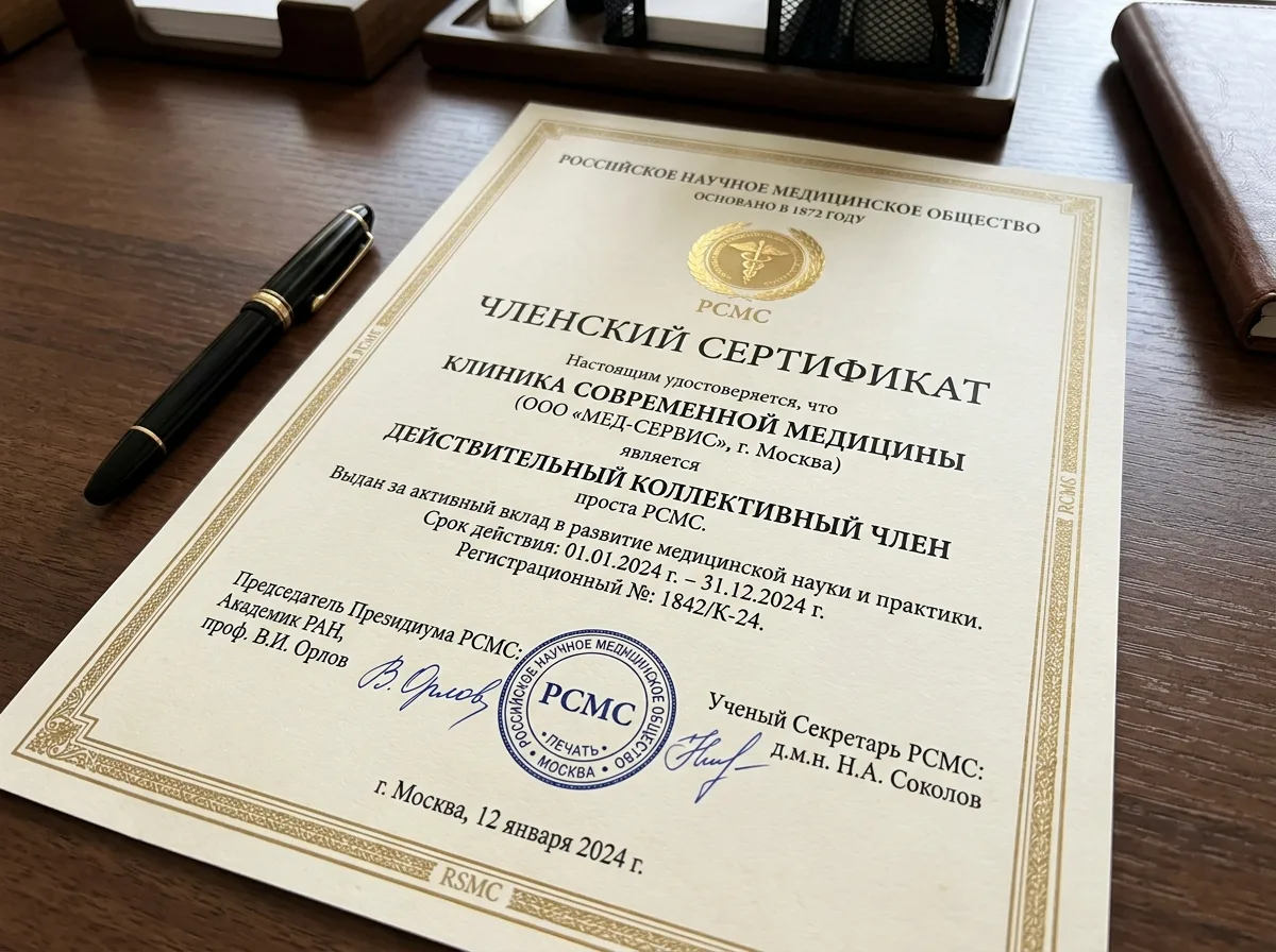Сертификат членства клиники в Российском научном медицинском обществе — официальный документ с печатями организации