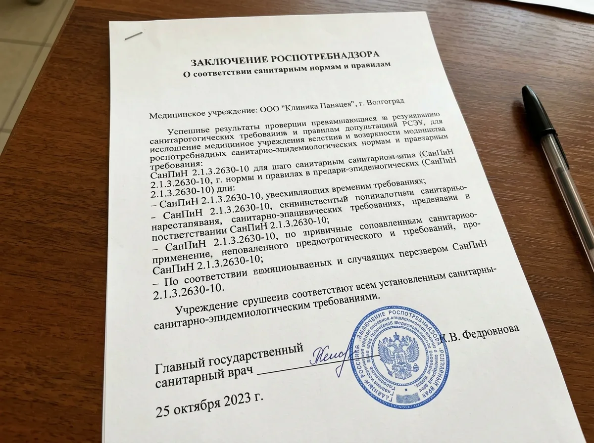 Заключение Роспотребнадзора о соответствии санитарным нормам и правилам медицинского учреждения в Волгограде